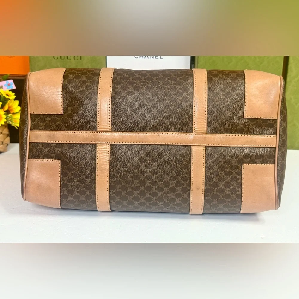 Auth CÈLINE Preowned EUC Tan and Brown Macadam Patterned Boston Bag with🔐